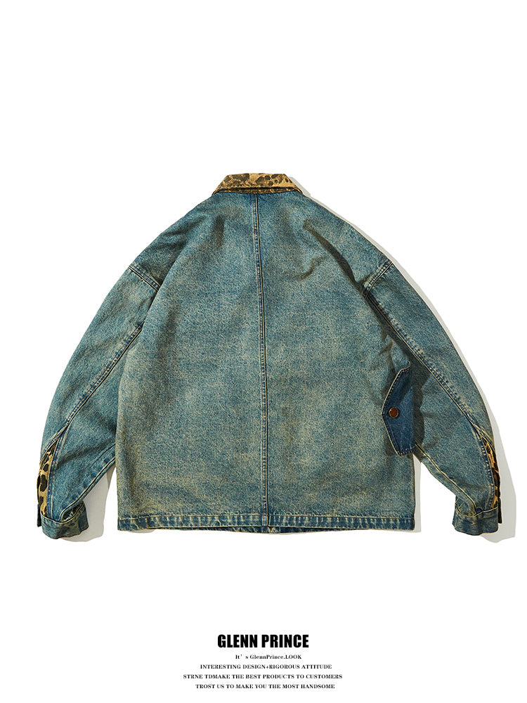 American Vintage Wash Panelled Leopard Print Lapel Denim Jacket Men's Spring Niche BF Baggy Jacket