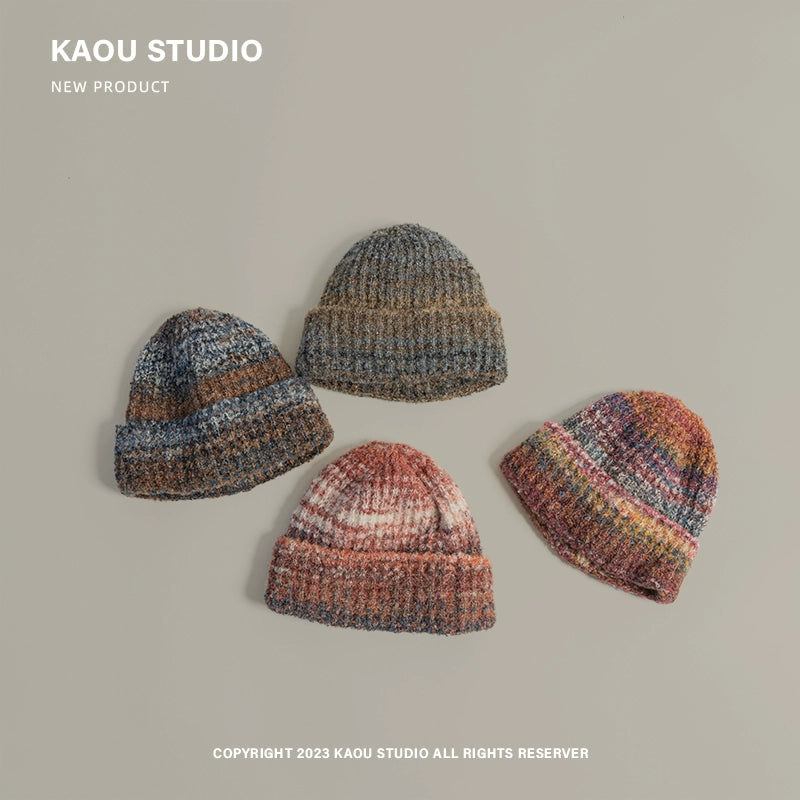 Mixed color wool hat niche design gradient children's knitted hat autumn and winter warm baby ear protection cold hat