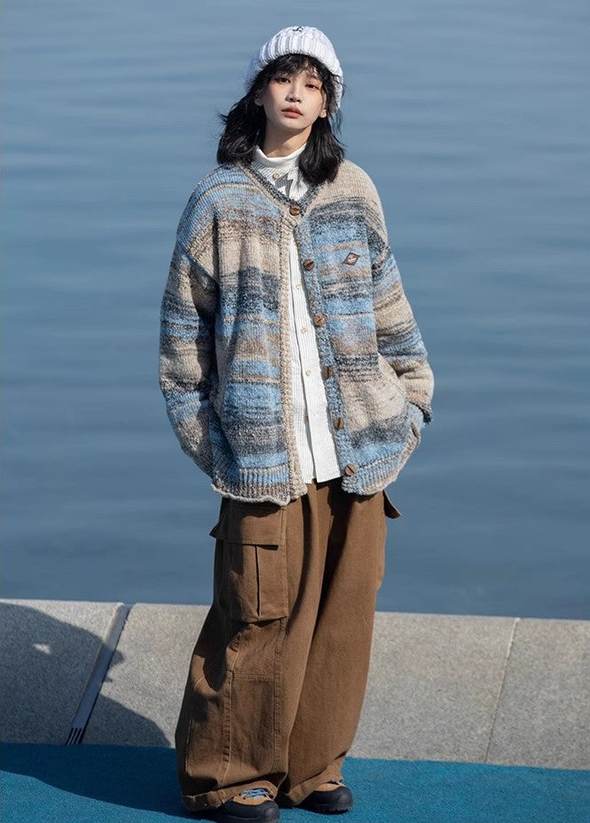 Japanese retro curled LOGO embroidery rainbow color gradient oil painting sweater jacket