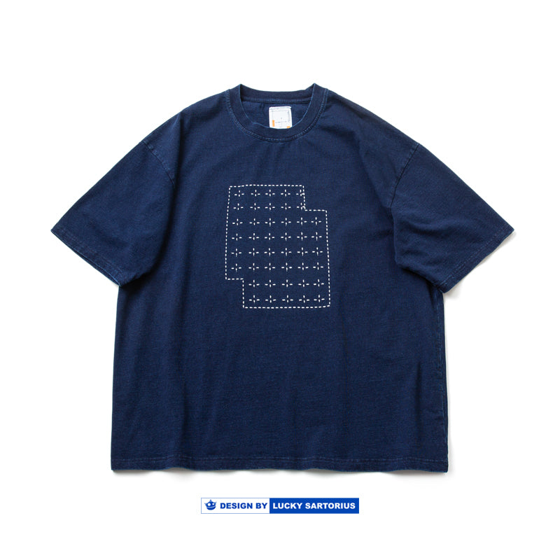Blue-dyed hand-made thorn embroidery Cotton short-sleeved T-shirt