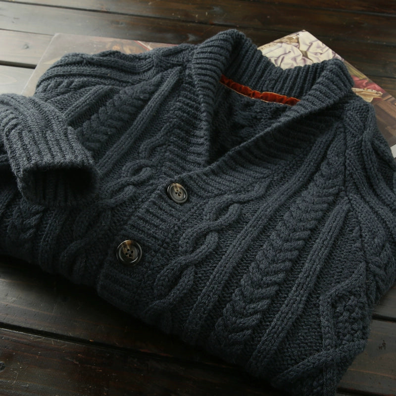 Rare and Heavyweight: 100% Wool Italian Order Men's Fall/Winter Thick Knitted Cardigan Sweater with Turn-Down Collar