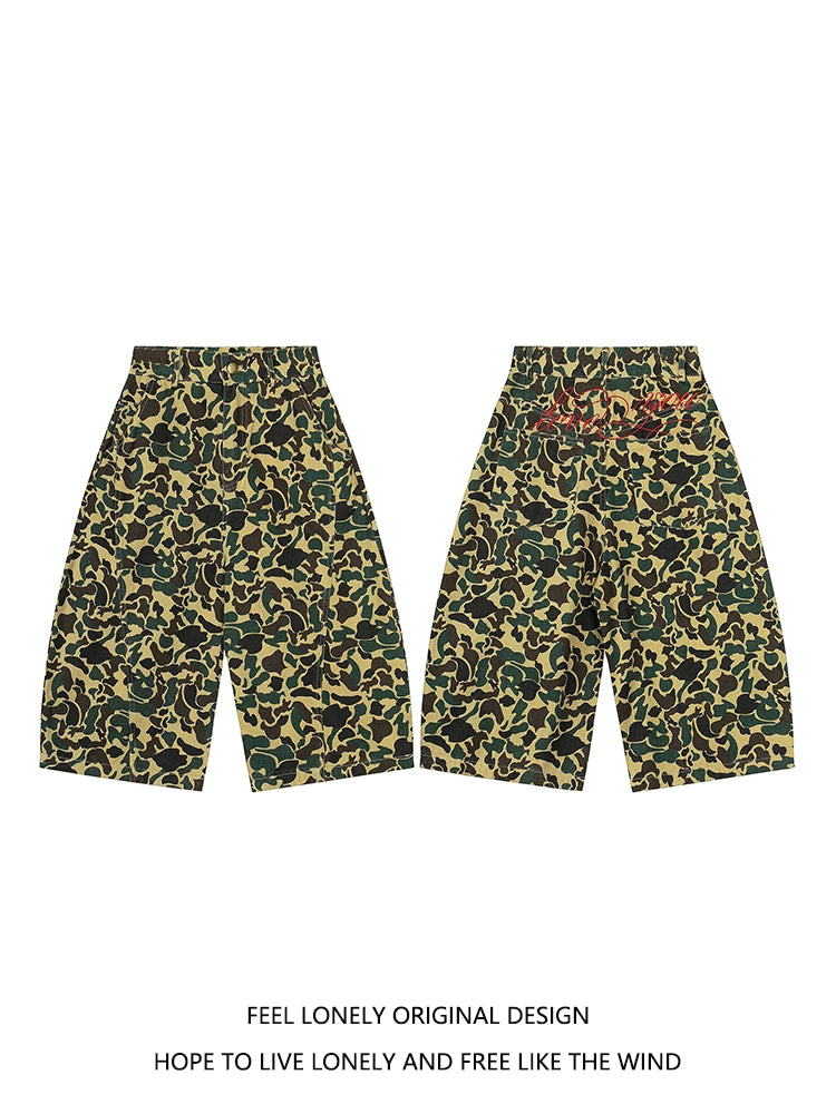 American retro camouflage jeans shorts, men's fashionable summer loose straight pants, street cropped pants