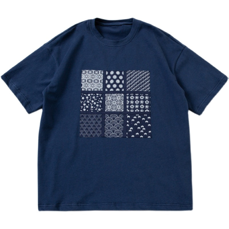 All cotton ethnic blue printed fabric nine-square check sticker printed T-shirt