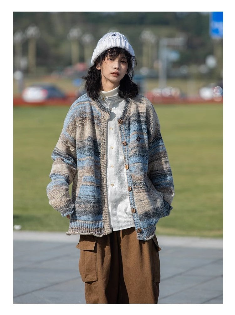 Japanese retro curled LOGO embroidery rainbow color gradient oil painting sweater jacket