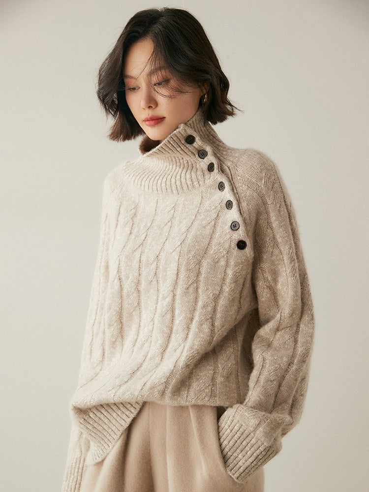 Heavy-duty lazy cashmere sweater, diagonal buttoned floral tulle, thickened twisted high-neck sweater, Korean autumn/winter new women's knitwear | Yamalinclothes