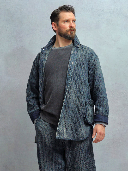 Draw-Dye Distressed Honeycomb Shirt Jacket – Japanese Vintage Loose Mid-Length Unisex – Coats Jackets | japanese streetwear | vintage workwear | unisex | Yamalinclothes