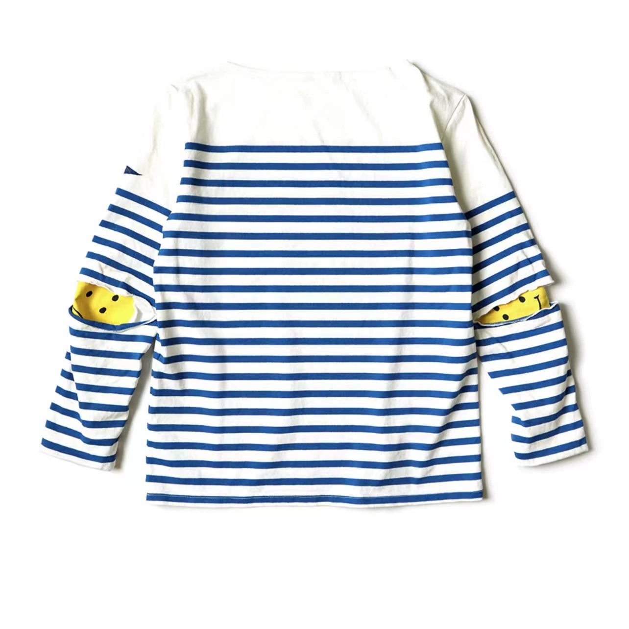 blue and white striped cotton loose three-flag long-sleeved smiley stitching bottoming shirt