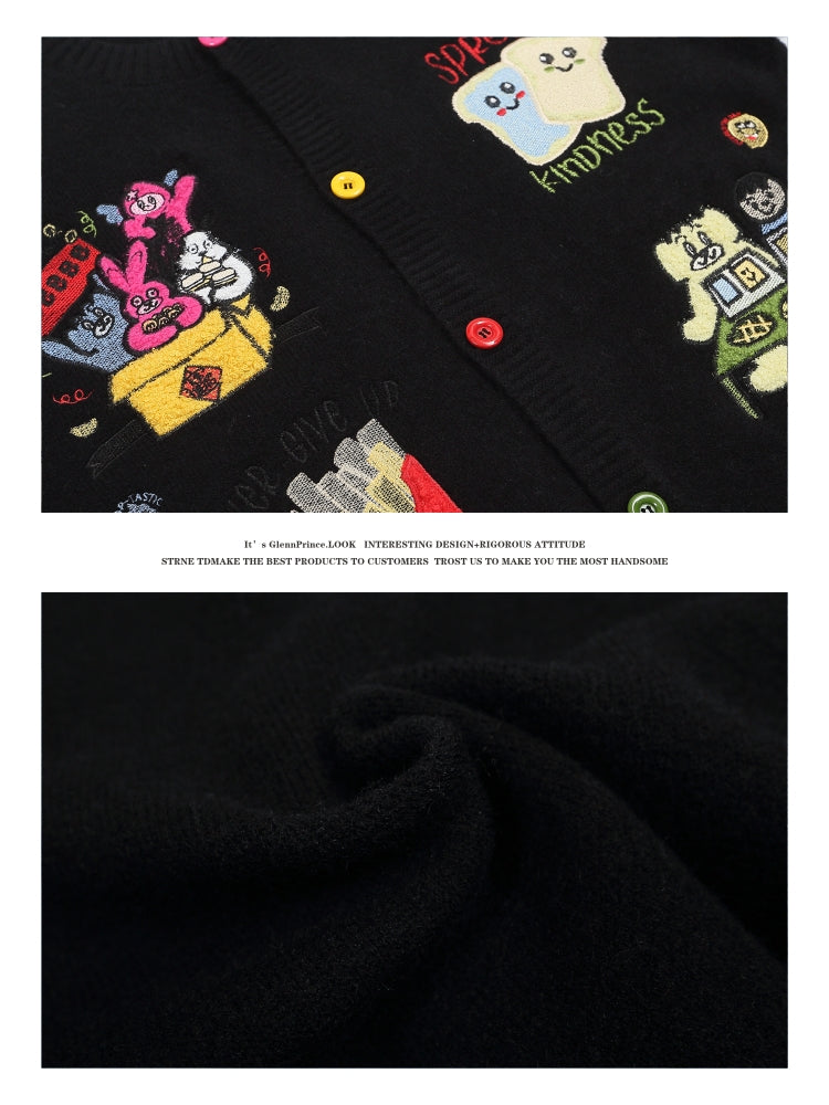 American fashion brand fun cartoon patch embroidered cardigan sweater men's winter age reduction lazy knit jacket