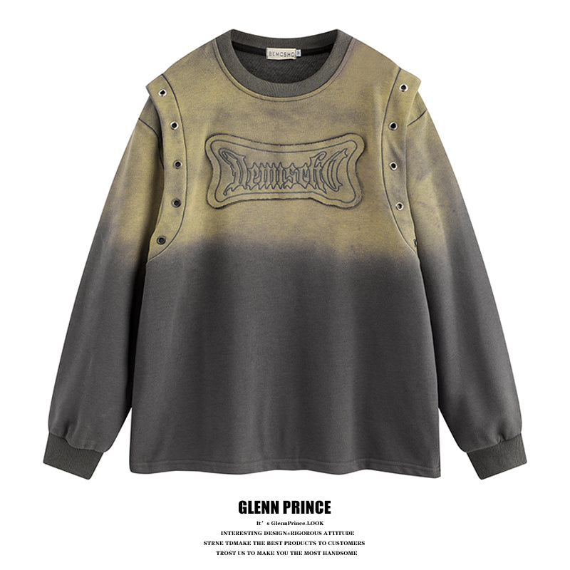 American fashion brand wasteland style gradient patch letter crew neck sweatshirt men's autumn hip hop pullover top