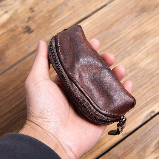 Handmade Top-Grain Cowhide Key Case – Vintage Mini Leather Coin Purse