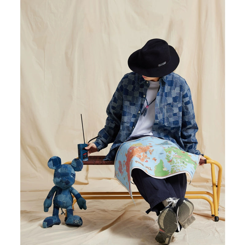 Autumn and winter Japanese patch plaid visual denim shirt cityboy loose version long-sleeved shirt jacket men's tide