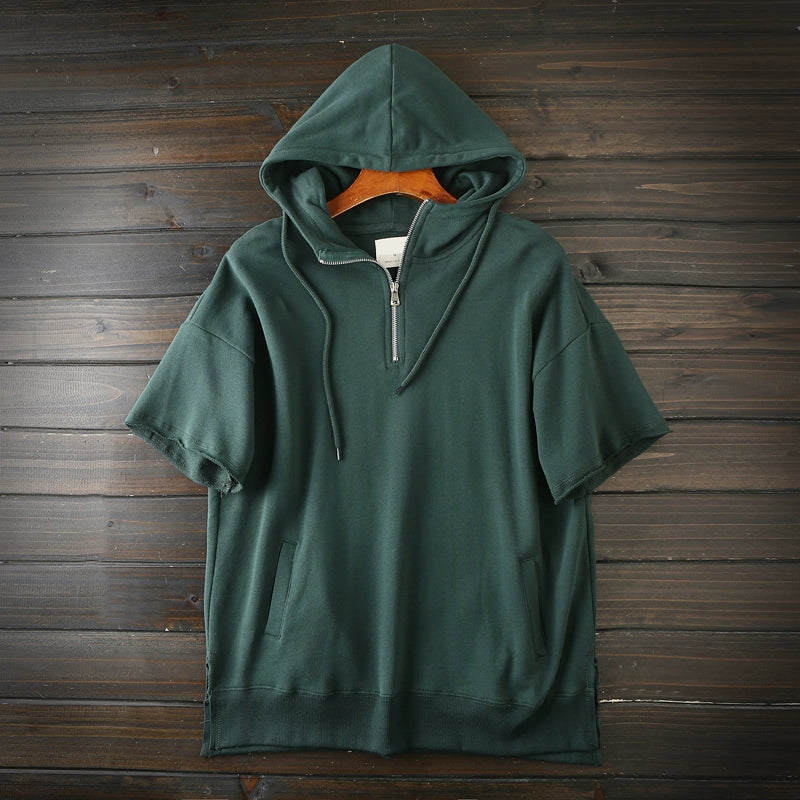 Hooded half-zip pullover short-sleeved T-shirt with raw edge