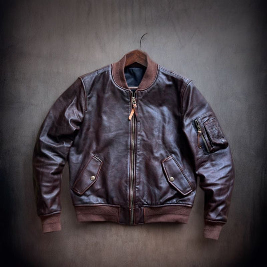 Vintage Cowhide MA-1 Flight Jacket – Hand-Polished Dark Brown Leather