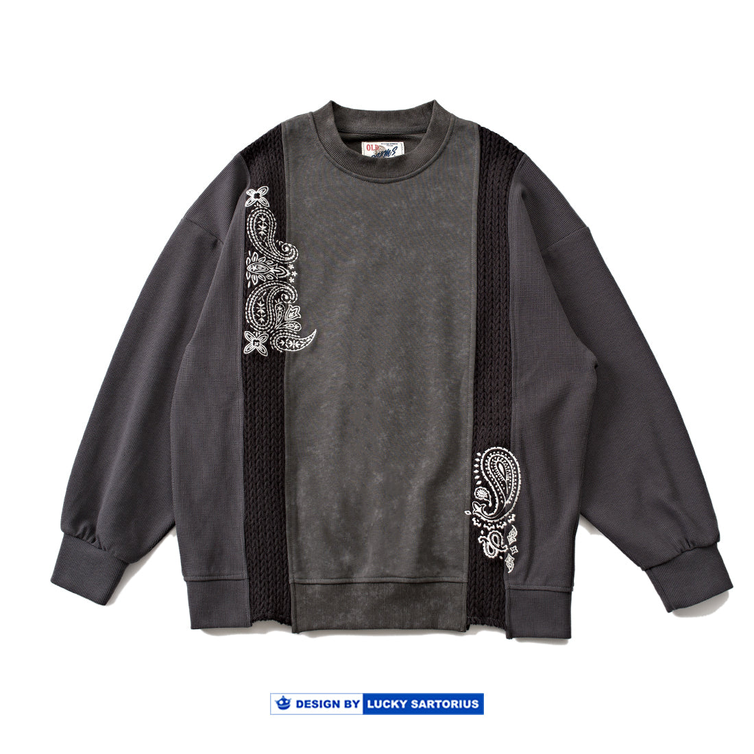 Japanese style men's washed multi-material patchwork cashew flower embroidery round neck pullover loose sweatshirt top for men and women
