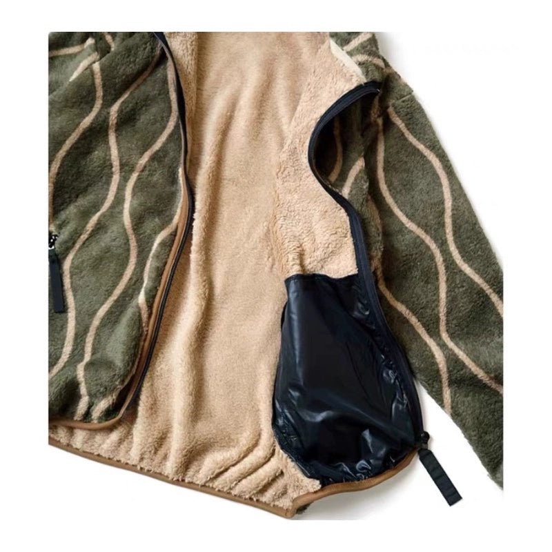 Japanese Tang grass fleece wavy stripe fleece zipper jacket