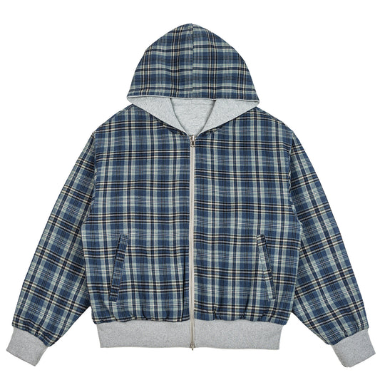American Vintage Plaid Hooded Cardigan – Oversized Unisex Cotton Sweatshirt Jacket – Japanese vintage | yamalin clothes | Yamalinclothes