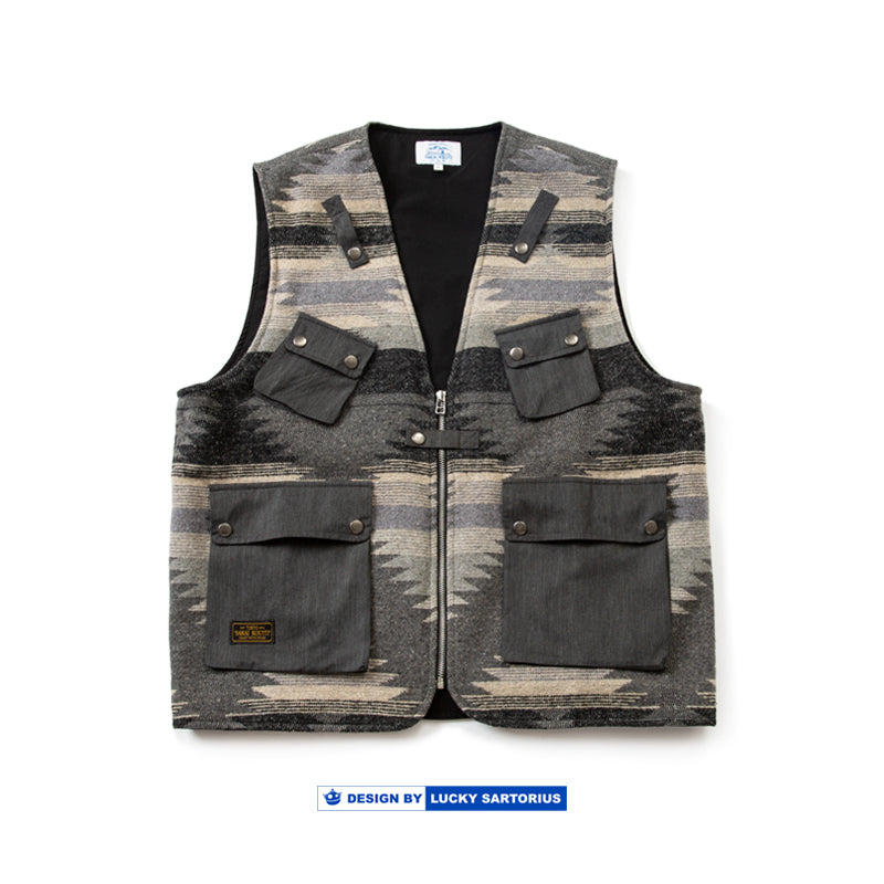 Ami Kaji ethnic pattern multi-pocket cargo vest loose fit autumn and winter versatile vest jacket men