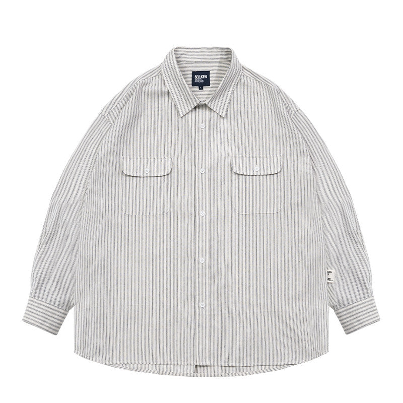 Loose Striped Cotton Long-Sleeve Shirt – Oversized Silhouette Unisex Layering Top – Japanese vintage | yamalin clothes | Yamalinclothes