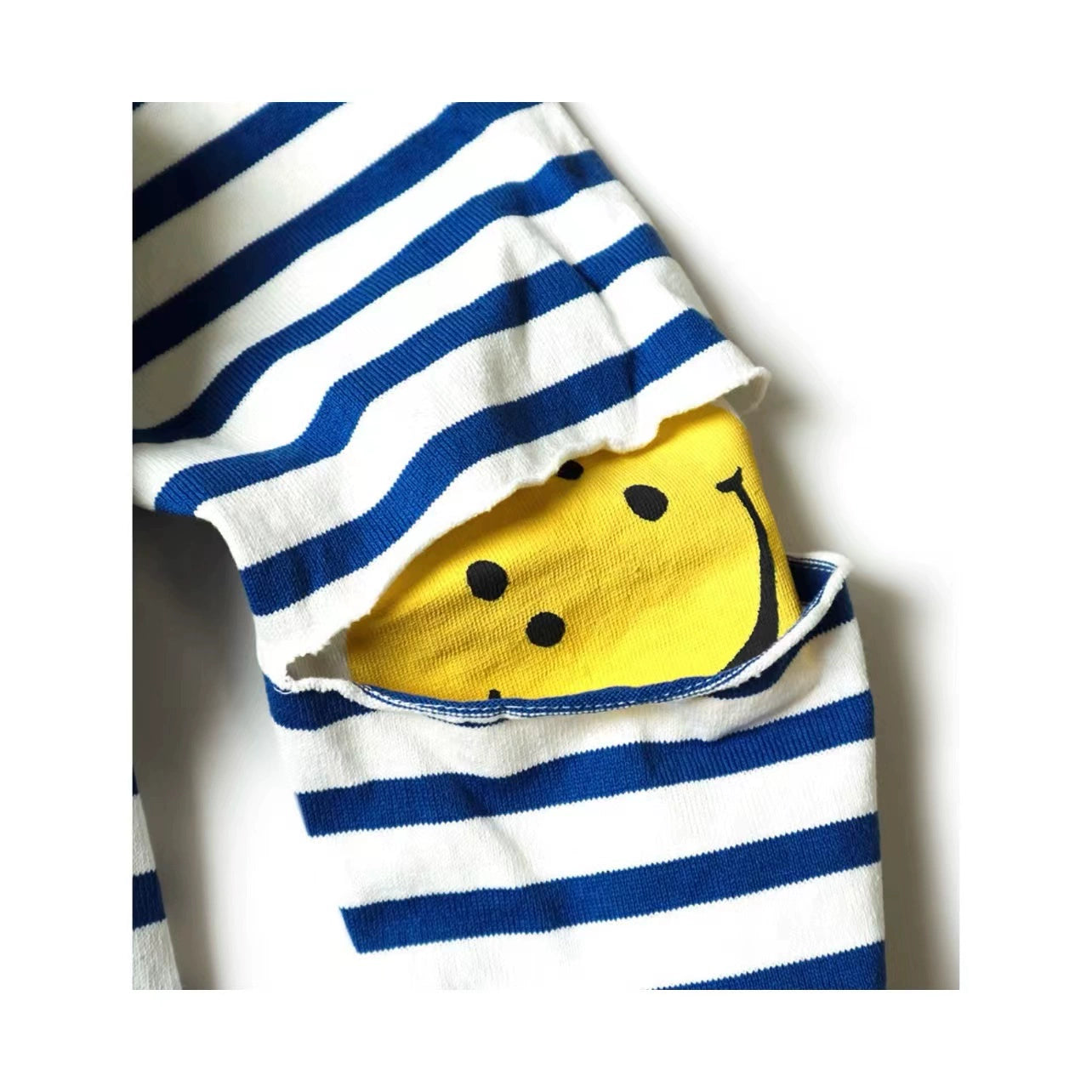 blue and white striped cotton loose three-flag long-sleeved smiley stitching bottoming shirt