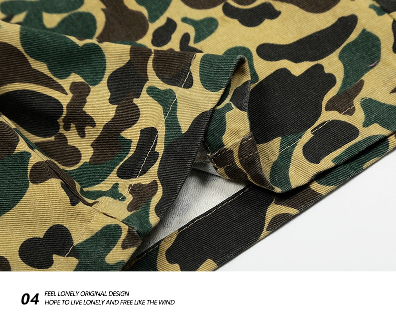American retro camouflage jeans shorts, men's fashionable summer loose straight pants, street cropped pants