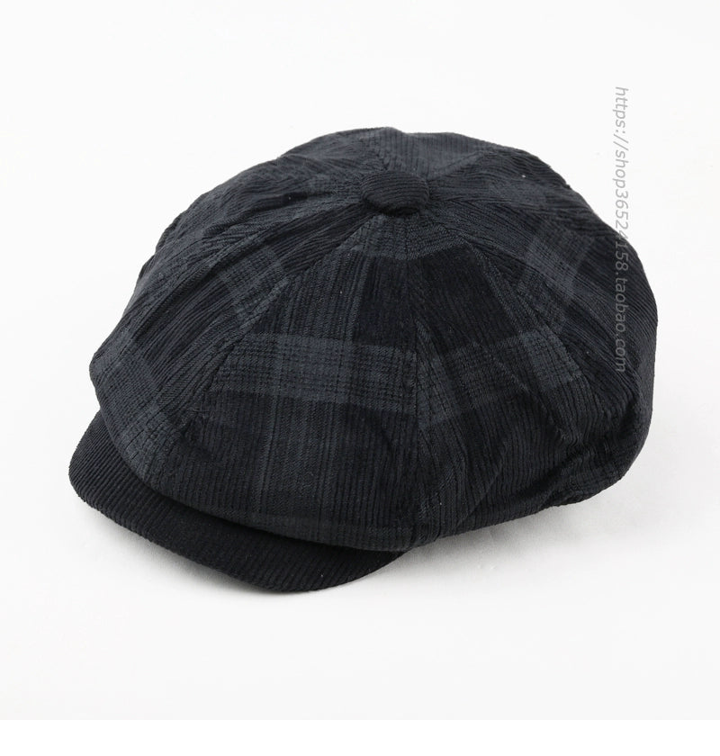 Casual plaid corduroy painter's hat british octagonal hat beret for men and women autumn winter vintage tongue newsboy hat