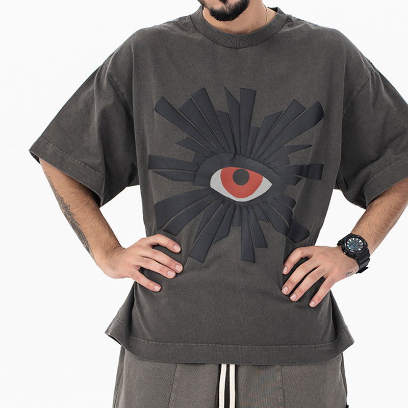 Japanese men's clothing high gram heavy wash fun cartoon eyes foam print short-sleeved T-shirt men's t-shirt