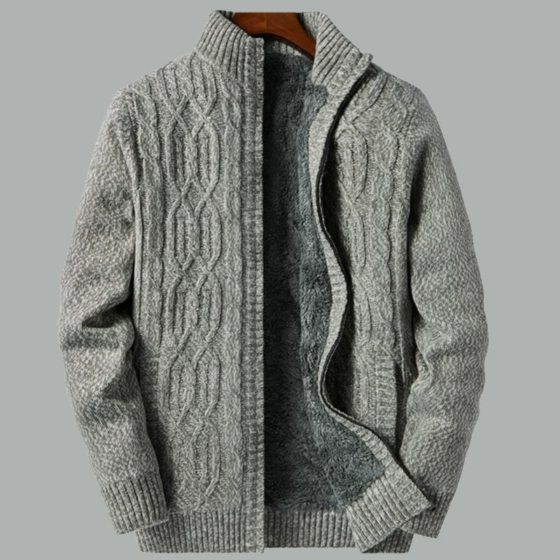 Temperament is stylish! Padded lamb fleece sweater men's winter stand-up collar jacquard knitted cardigan jacket