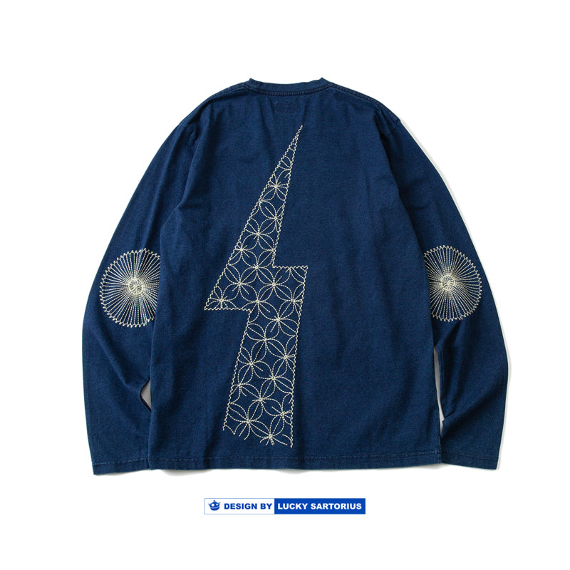Japanese retro men's wash blue dyed denim lightning embroidery long-sleeved T-shirt for men and women