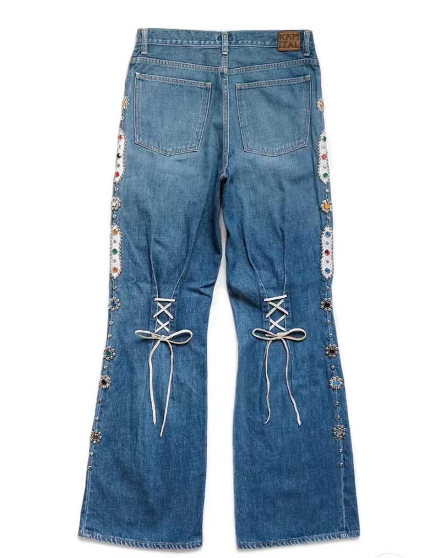 New washed heavy duty jeans jeweled pants