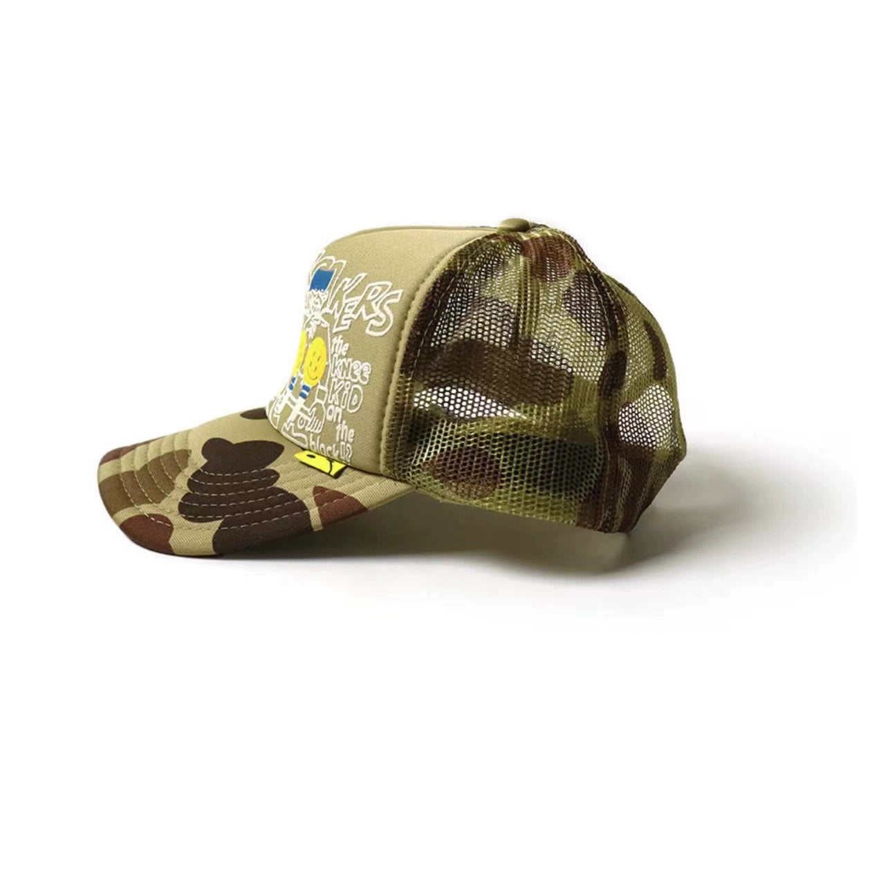 camouflage foam print smiley mesh breathable stitching baseball cap