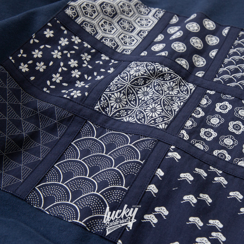 All cotton ethnic blue printed fabric nine-square check sticker printed T-shirt