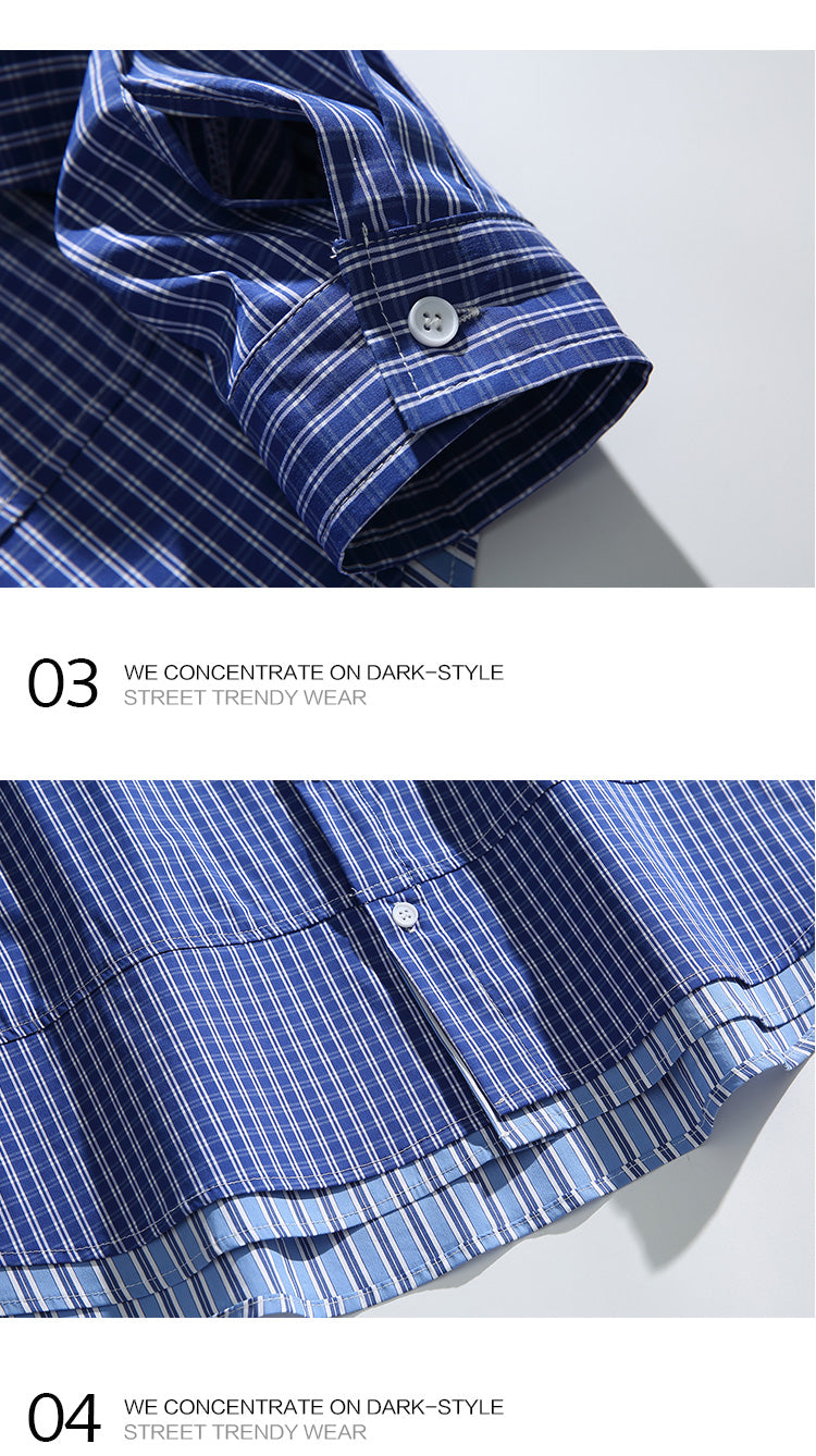 Japanese cityboy fake two-piece silhouette plaid shirt long sleeve men's retro loose couple coat
