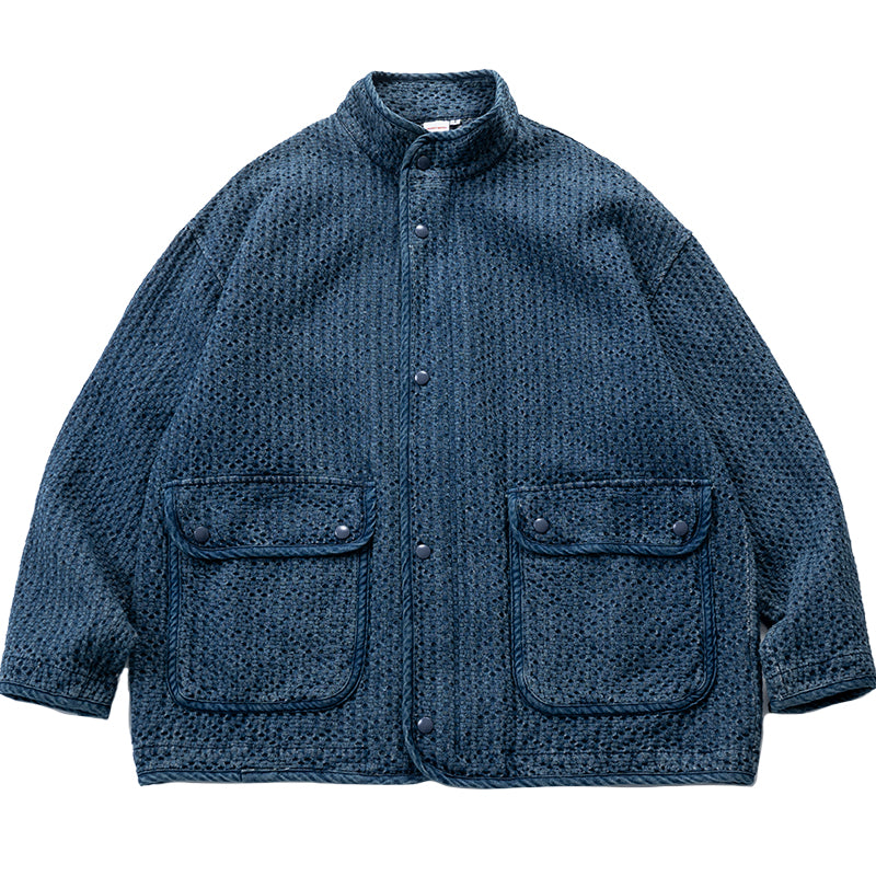 Japanese spring and autumn style, old imitation Kendo cloth texture, stand collar, blue overalls jacket