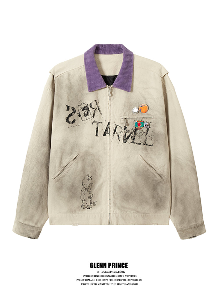American vintage distressed graffiti contrast lapel Detroit jacket men's ruffian spring and autumn cargo coat