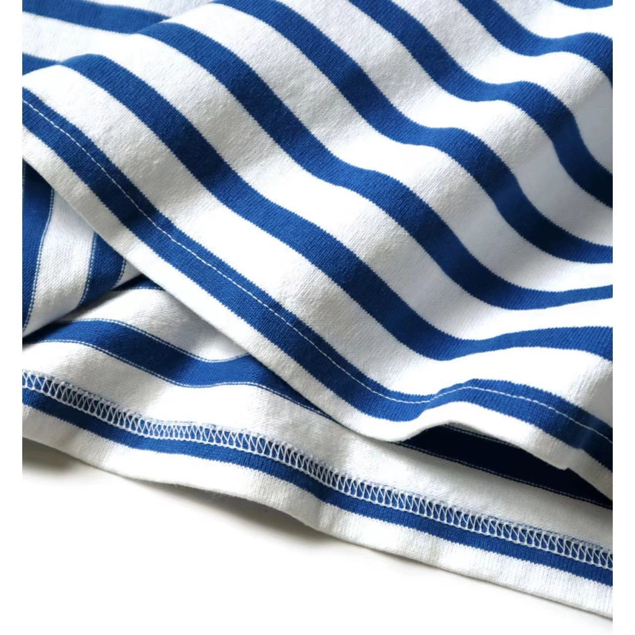 Blue and white striped loose three-flag five-point sleeve round neck short-sleeved T-shirt