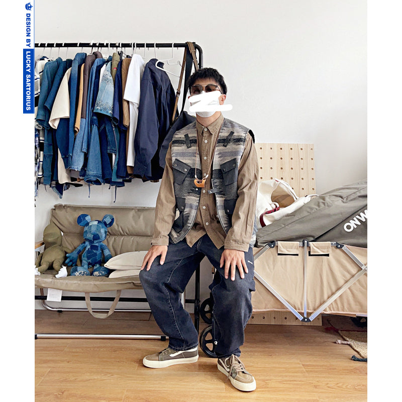 Ami Kaji ethnic pattern multi-pocket cargo vest loose fit autumn and winter versatile vest jacket men