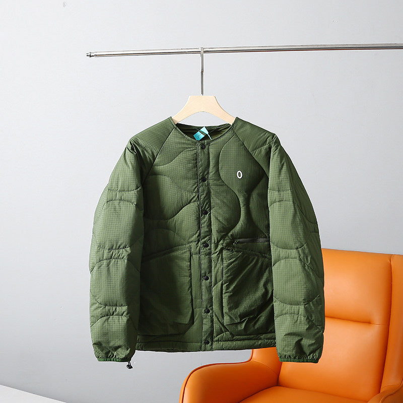 Collarless Down Jacket – Wave Quilting & Snap Front