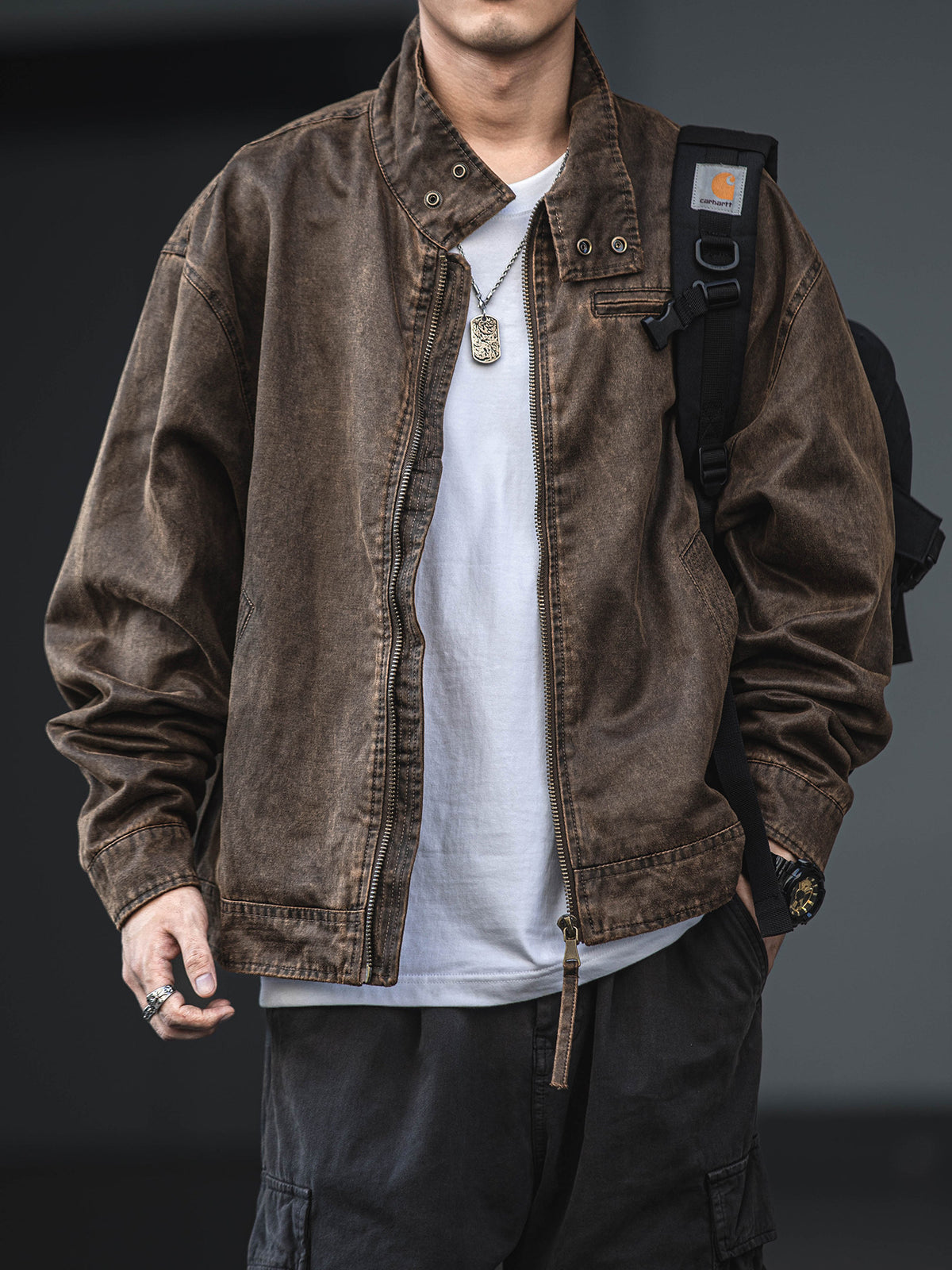 Distressed Oil Wax Cargo Bomber Jacket – Loose Unisex American Streetwear | Yamalinclothes