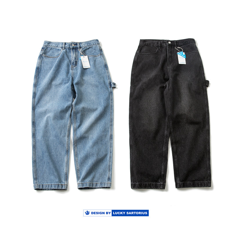 American-style simple loose straight-leg pants, plain overalls, versatile washed jeans, youth skateboard pants, trousers, men