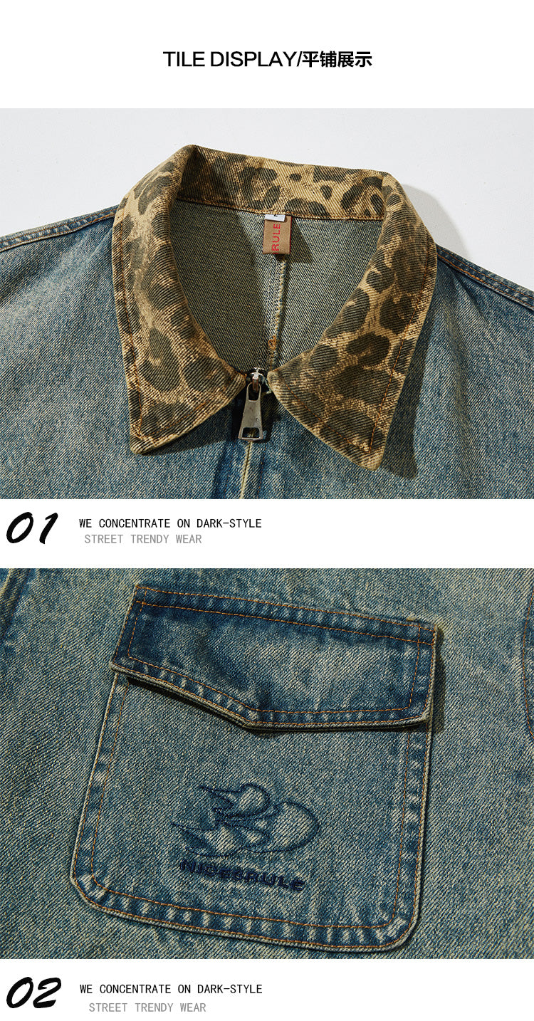 American Vintage Wash Panelled Leopard Print Lapel Denim Jacket Men's Spring Niche BF Baggy Jacket
