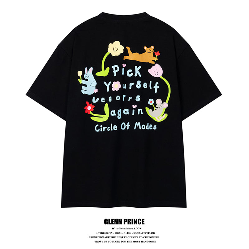American retro fun cartoon print short sleeve t-shirt men's summer oversize niche versatile tee