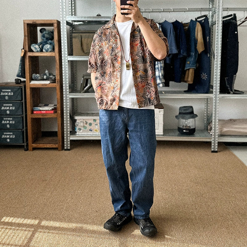 Chinese style elements, traditional Sichuan opera, face painting, shadow puppet play elements, printed ice sense Tencel, Cuban collar loose shirt, men and women