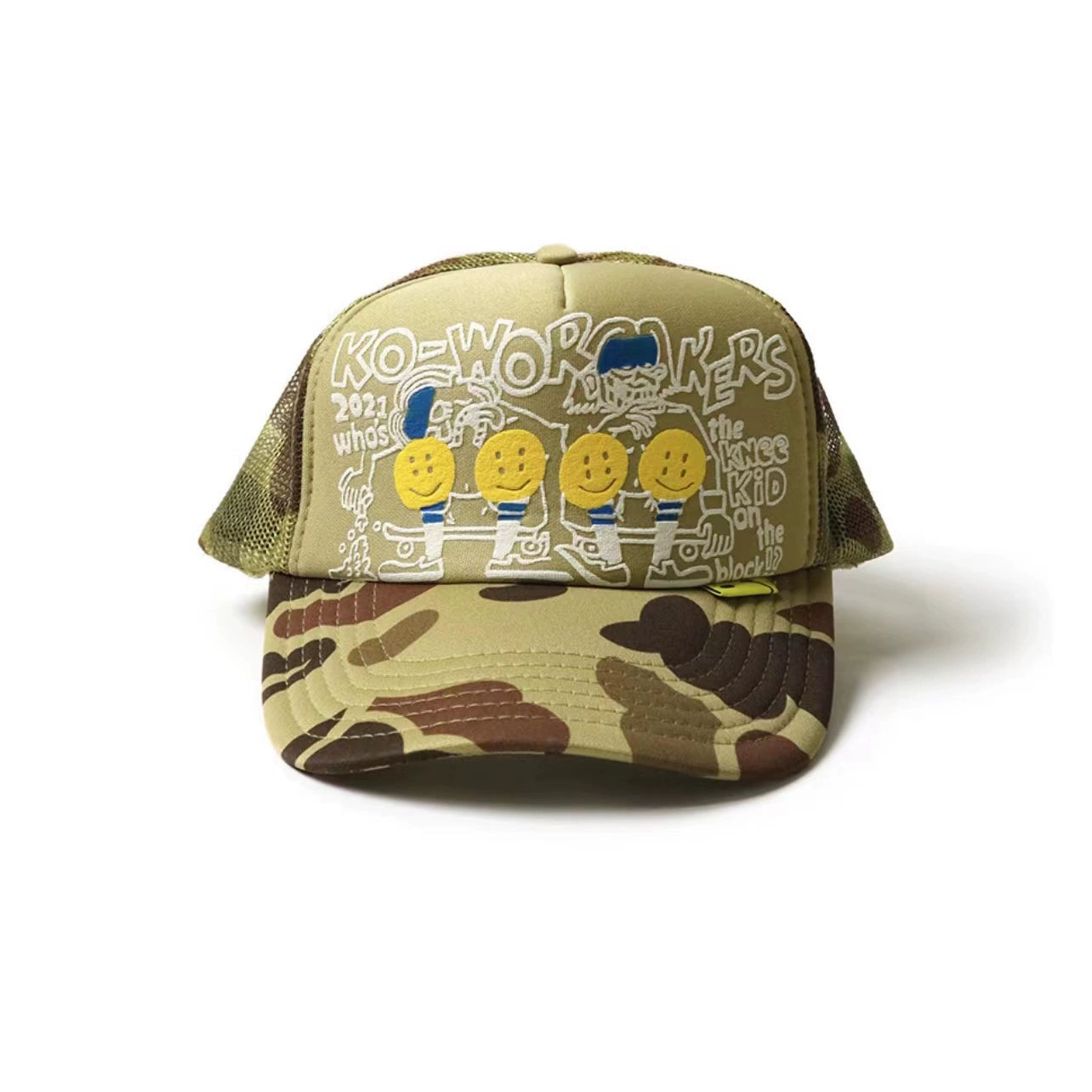 camouflage foam print smiley mesh breathable stitching baseball cap