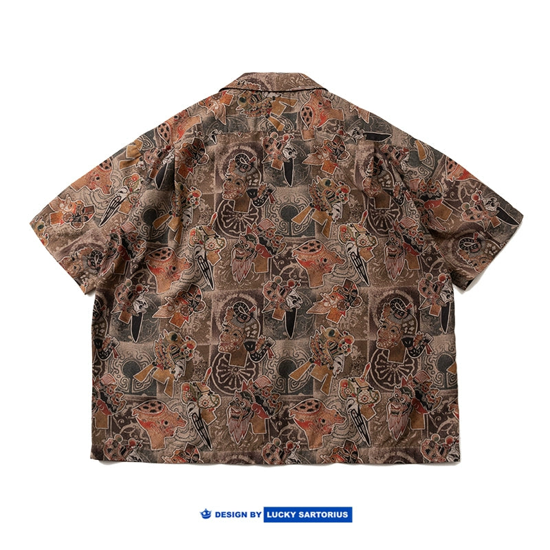 Chinese style elements, traditional Sichuan opera, face painting, shadow puppet play elements, printed ice sense Tencel, Cuban collar loose shirt, men and women