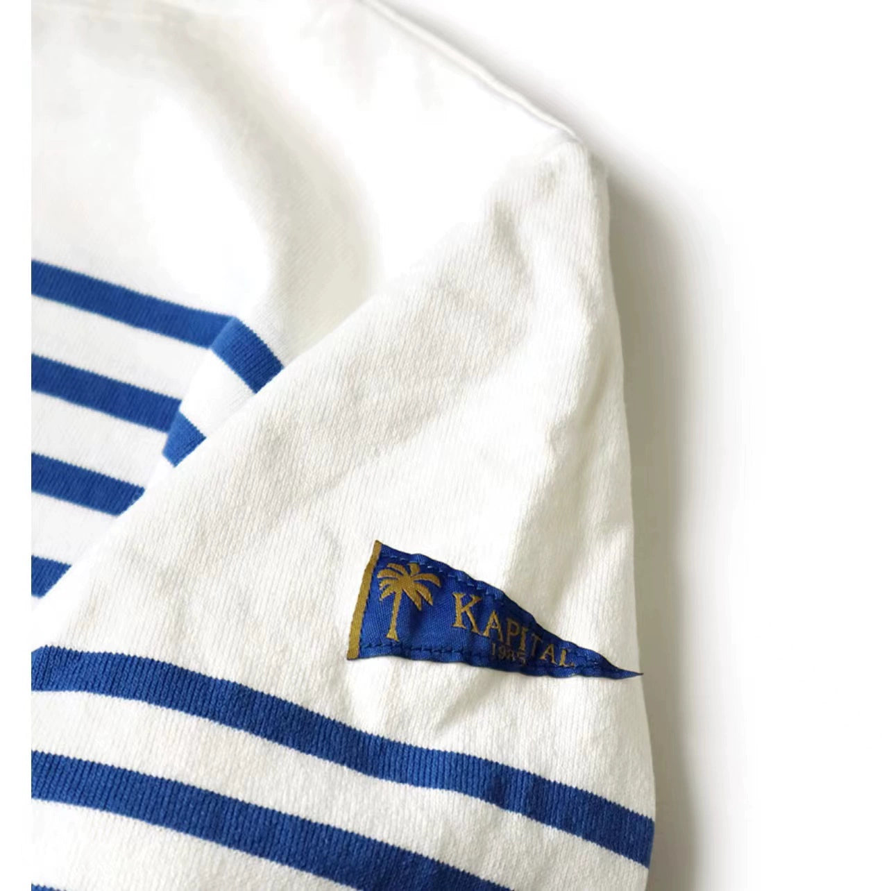 blue and white striped cotton loose three-flag long-sleeved smiley stitching bottoming shirt