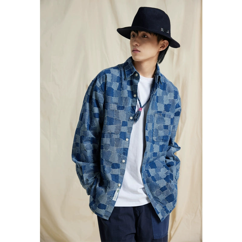 Autumn and winter Japanese patch plaid visual denim shirt cityboy loose version long-sleeved shirt jacket men's tide