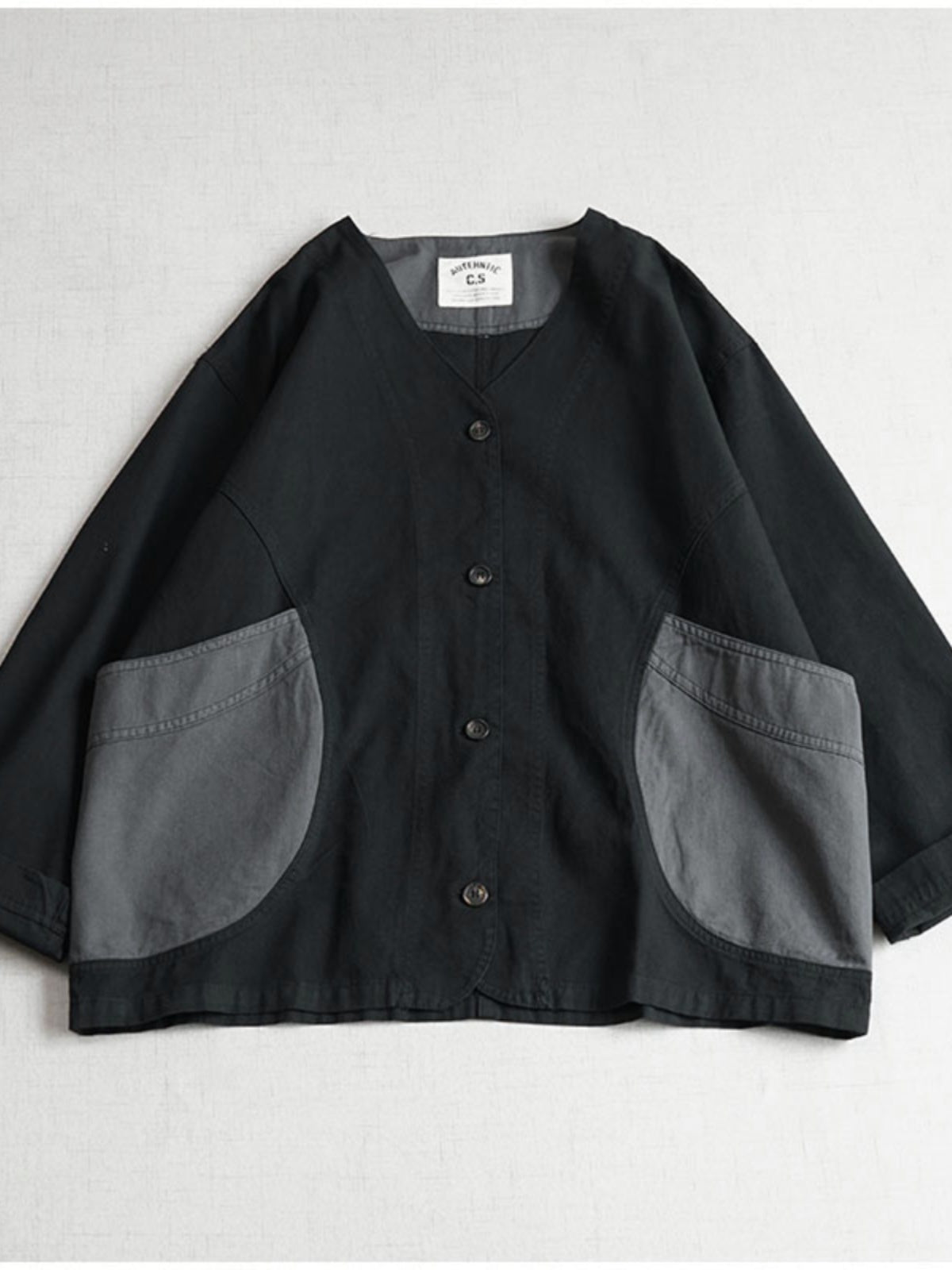 Japanese Color-Blocked V-Neck Pocket Jacket – Retro Cotton Spring/Autumn (Unisex)