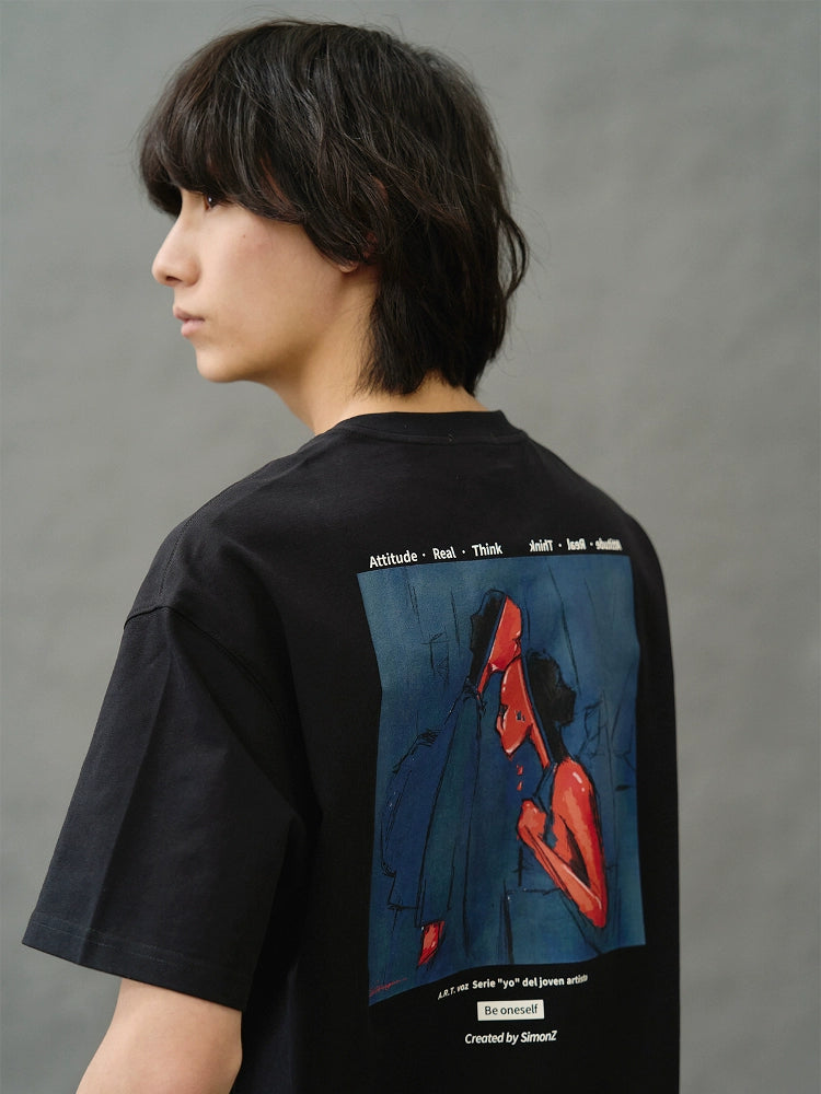 Artist limited illustration print round collar short sleeve summer loose slightly shoulder T-shirt