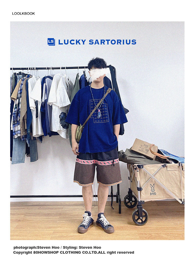 Blue-dyed hand-made thorn embroidery Cotton short-sleeved T-shirt