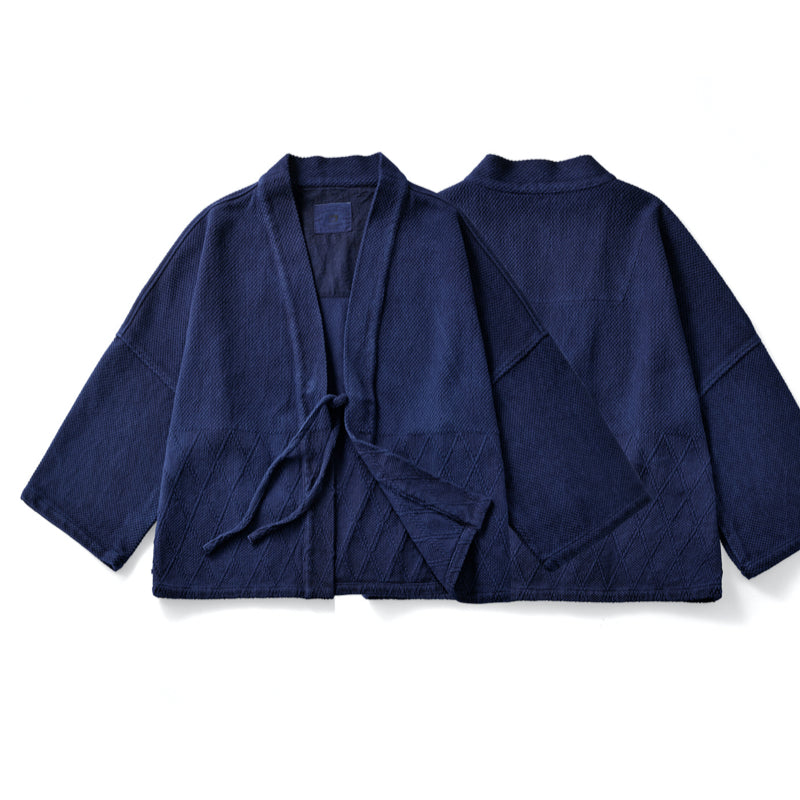 Barb turtle back splicing Taoist jacket retro heavy blue dyed kendo clothing fabric